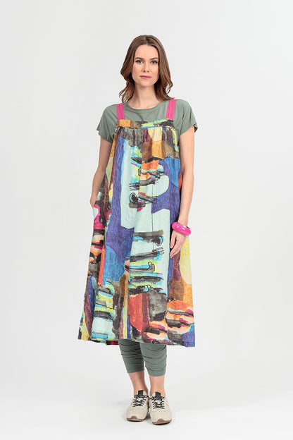 Flared Abstract Linen Pinafore Dress M