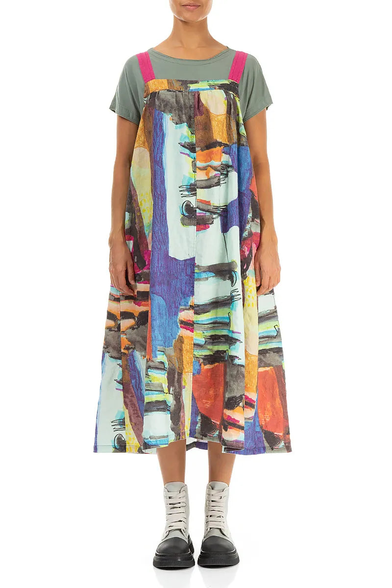 Flared Abstract Linen Pinafore Dress