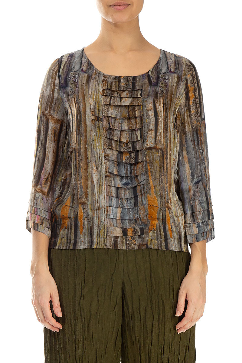 Abstract Woodland Pintuck Silk Blouse