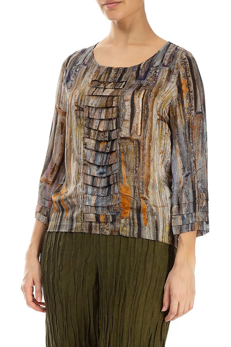 Abstract Woodland Pintuck Silk Blouse