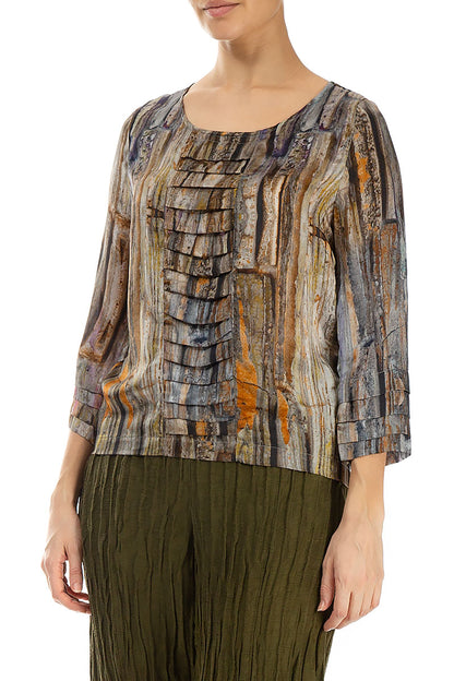 Abstract Woodland Pintuck Silk Blouse