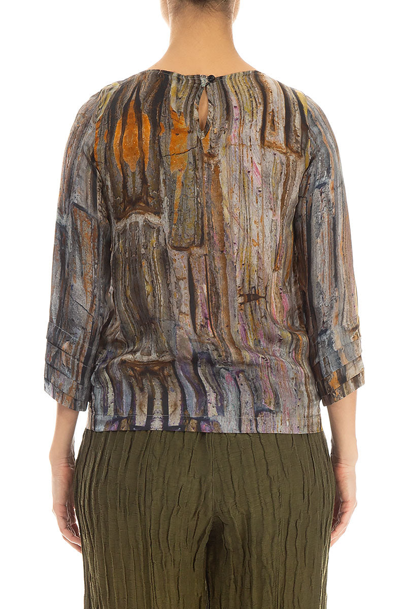 Abstract Woodland Pintuck Silk Blouse