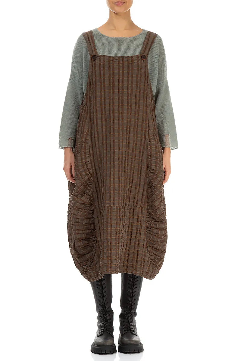 Aged Copper Checkered Linen Cotton Pinafore Dress 1