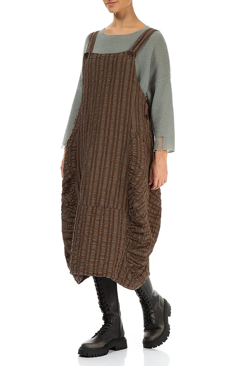 Aged Copper Checkered Linen Cotton Pinafore Dress 3