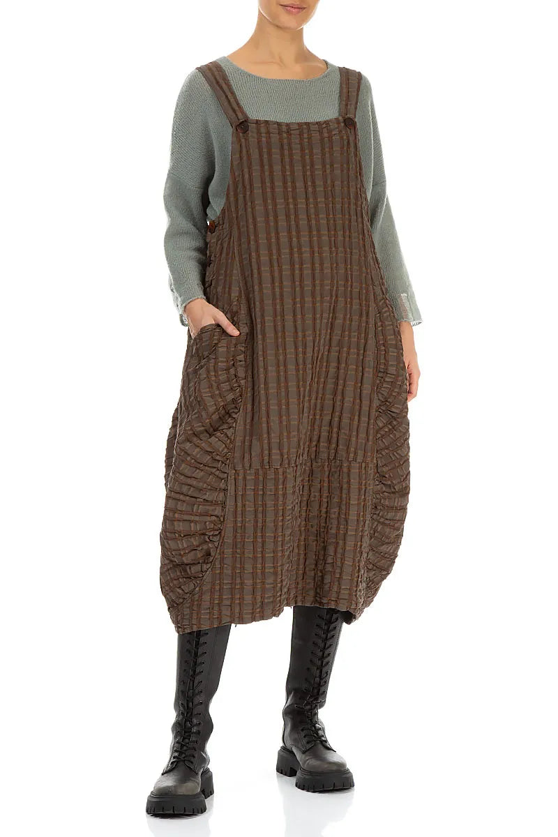 Aged Copper Checkered Linen Cotton Pinafore Dress 4