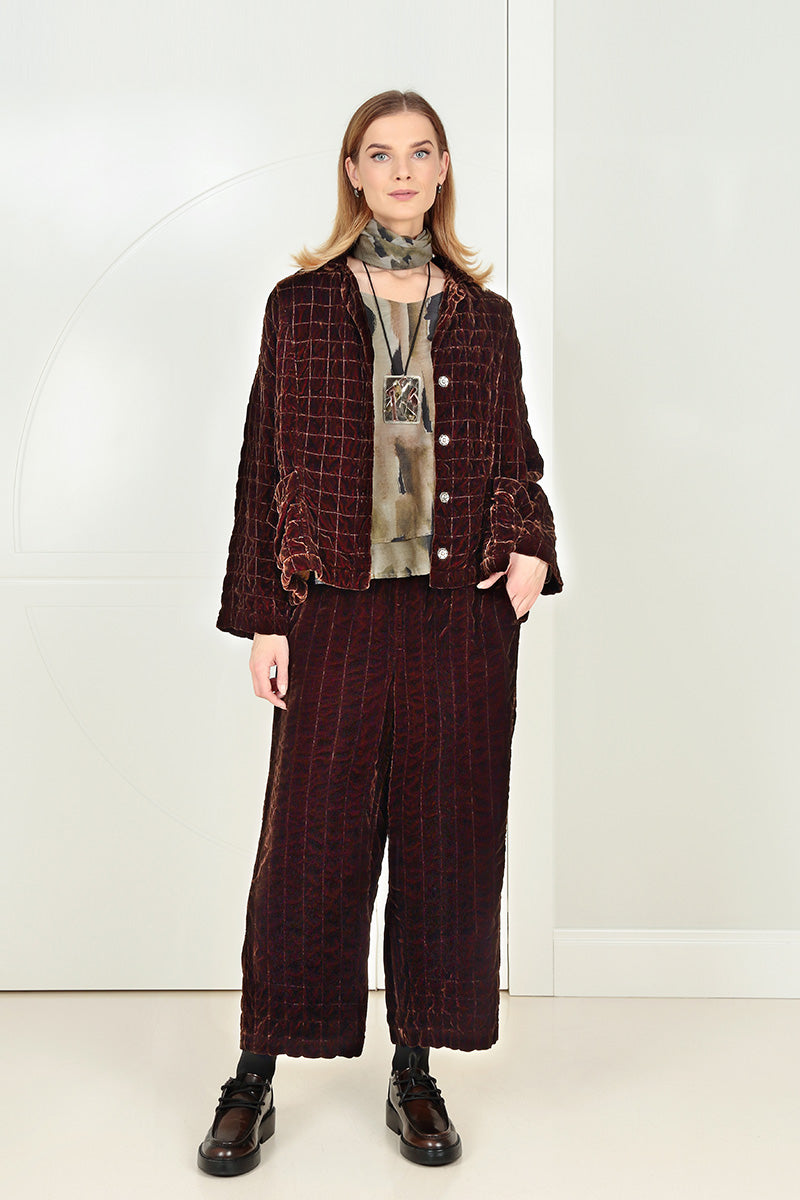 Aged Copper Pleated Silk Velvet Trousers 7