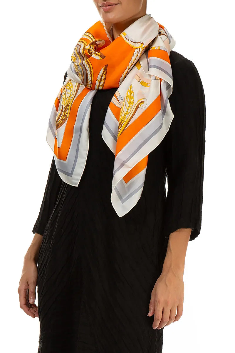 Antique Printed Beige Orange Tones Silk Scarf 4