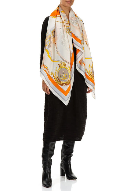 Antique Printed Beige Orange Tones Silk Scarf 3