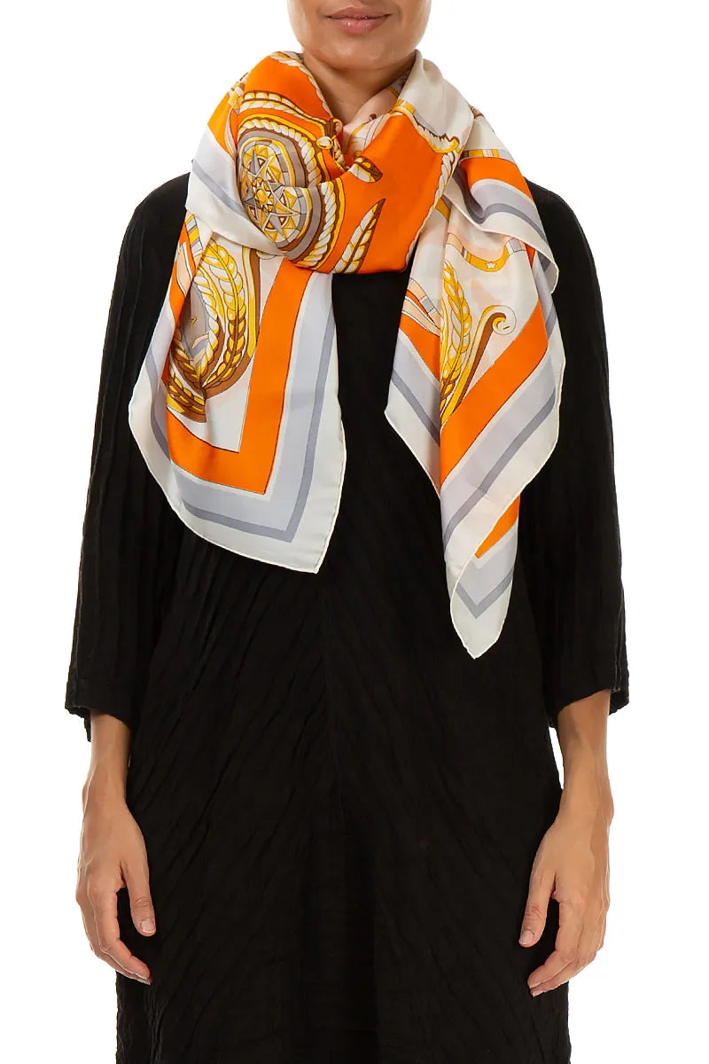 Antique Printed Beige Orange Tones Silk Scarf 1