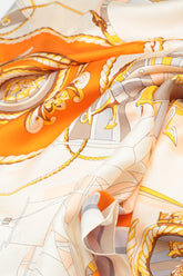 Antique Printed Beige Orange Tones Silk Scarf 7