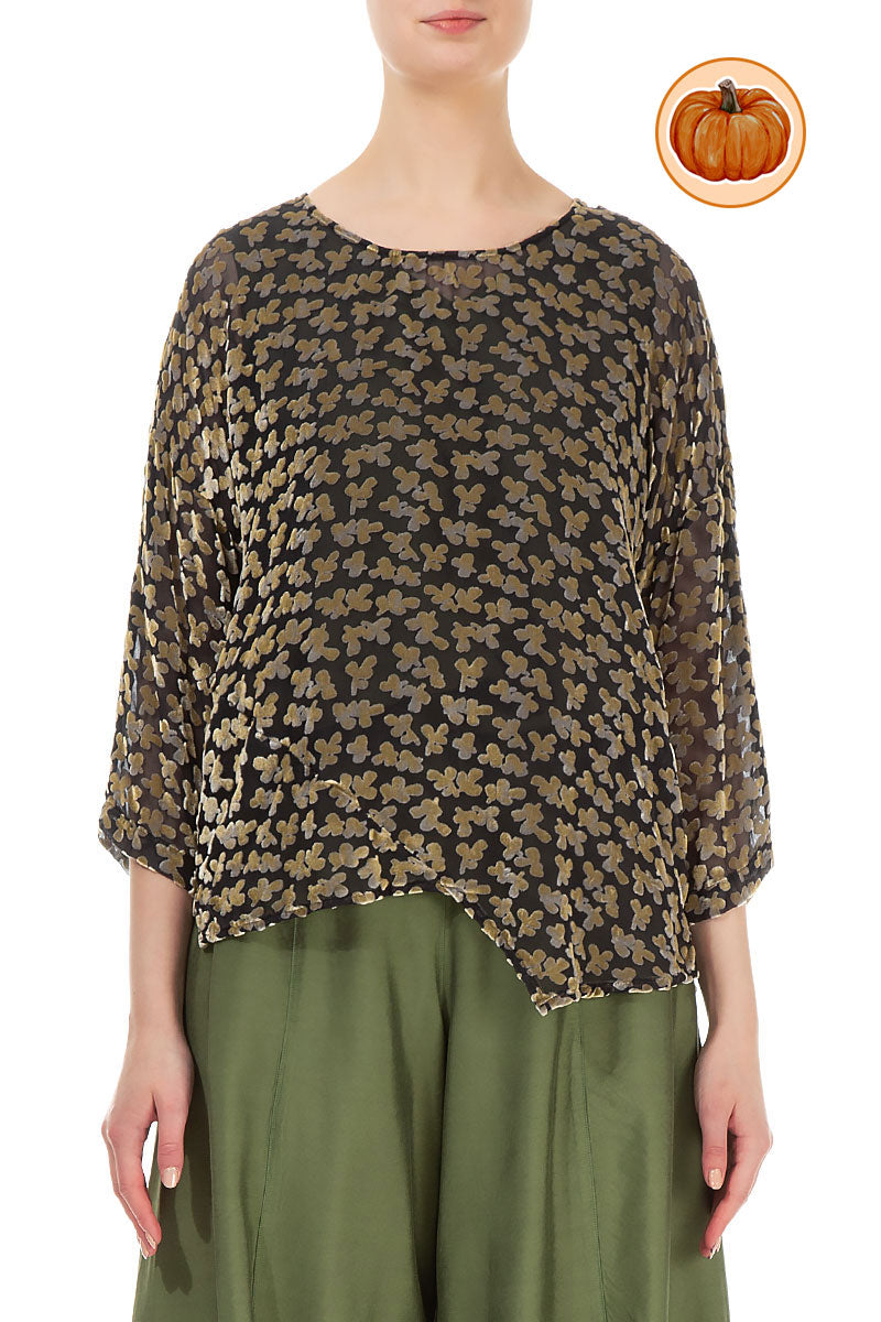 Asymmetric Devoré Petals Gold Silk Velvet Blouse