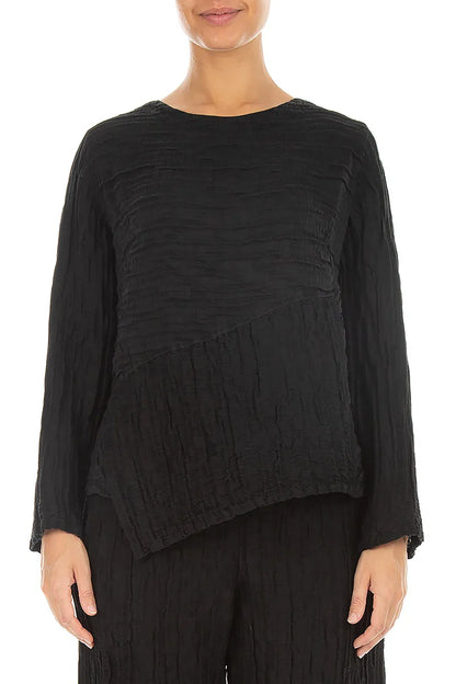 Asymmetric Black Crinkled Silk Linen Blouse
