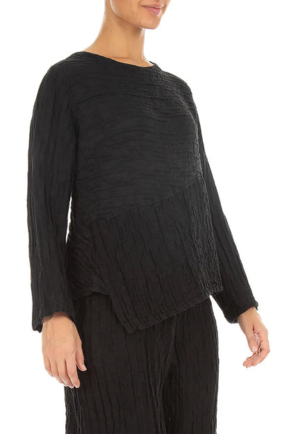 Asymmetric Black Crinkled Silk Linen Blouse