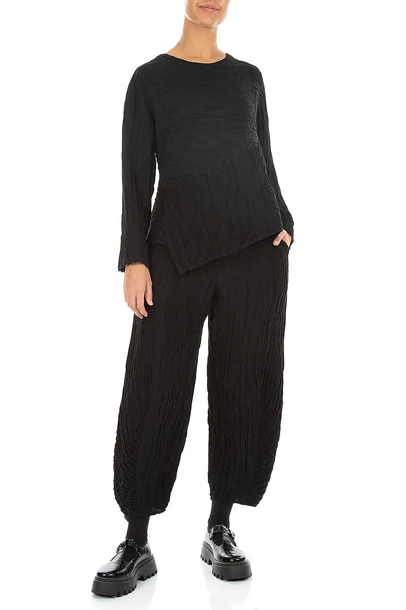 Asymmetric Black Crinkled Silk Linen Blouse