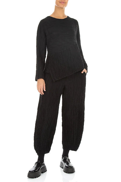 Asymmetric Black Crinkled Silk Linen Blouse