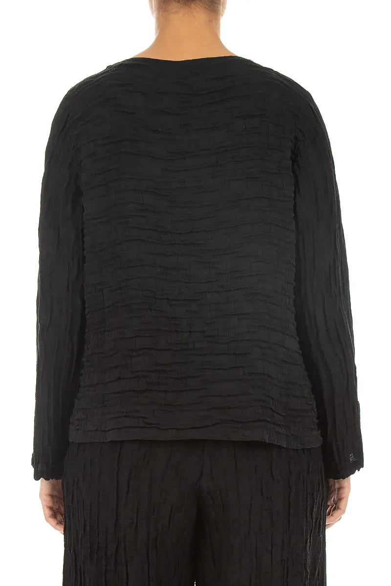 Asymmetric Black Crinkled Silk Linen Blouse