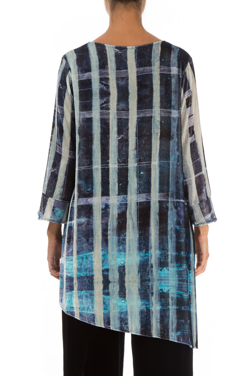 Asymmetric Blue Lines Stretchy Silk Velvet Tunic