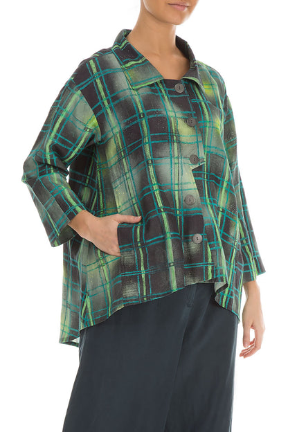Asymmetric Closure Emerald Grid Silk Linen Jacket