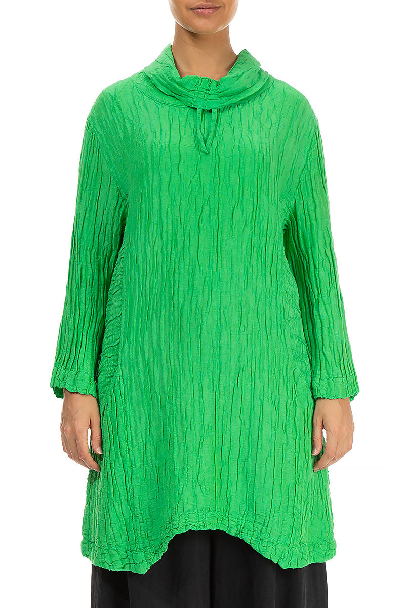 Asymmetric Cowl Neck Crinkled Green Silk Linen Tunic