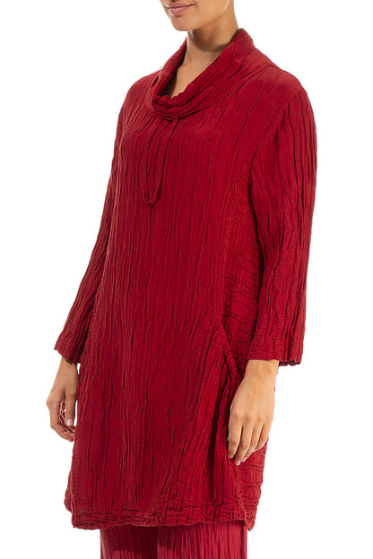 Asymmetric Cowl Neck Crinkled Red Silk Linen Tunic