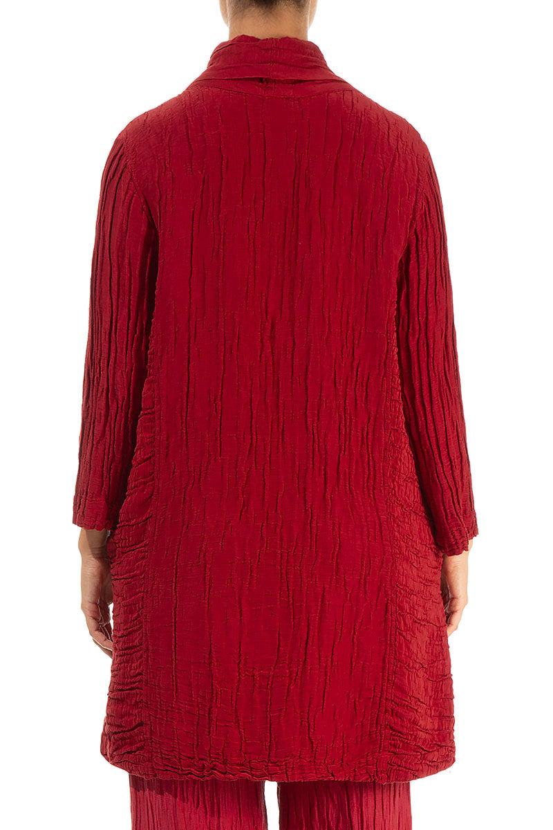 Asymmetric Cowl Neck Crinkled Red Silk Linen Tunic