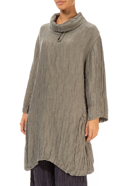 Asymmetric Cowl Neck Crinkled Silver Sage Silk Linen Tunic