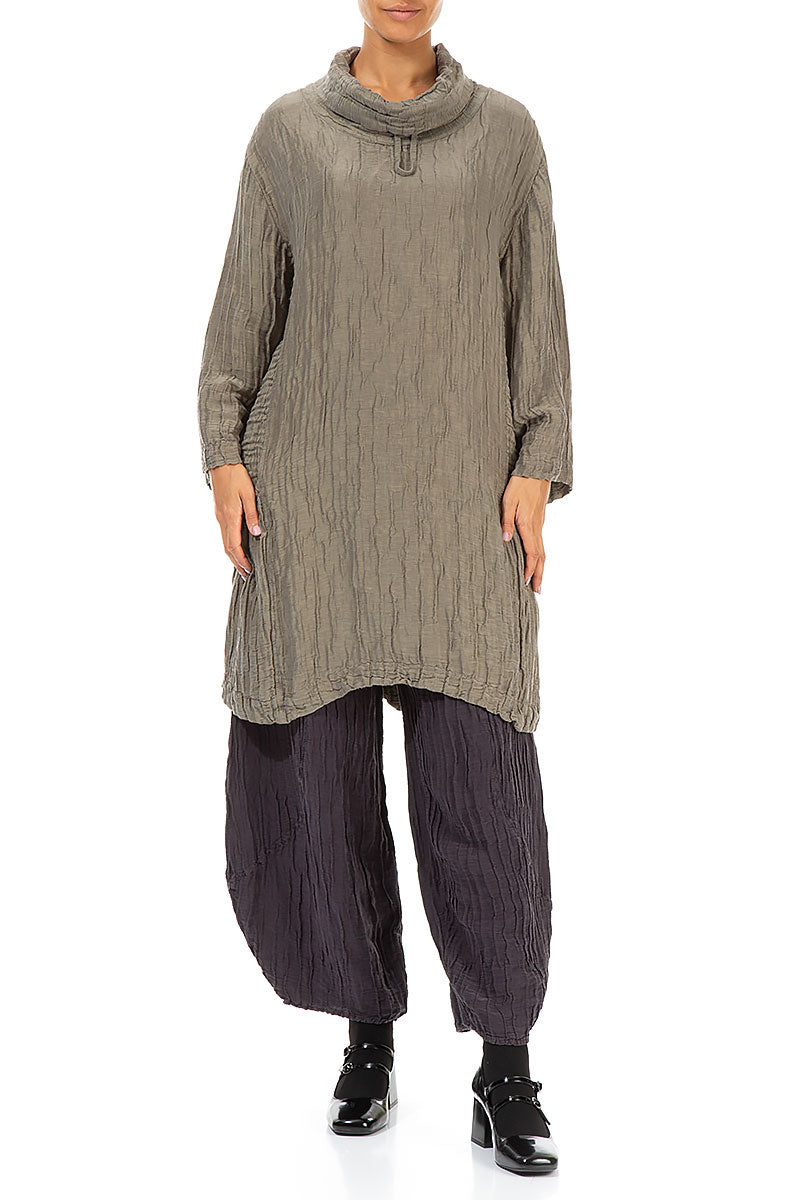 Asymmetric Cowl Neck Crinkled Silver Sage Silk Linen Tunic