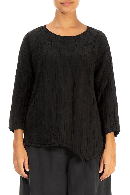 Asymmetric Crinkled Black Silk Blouse 1