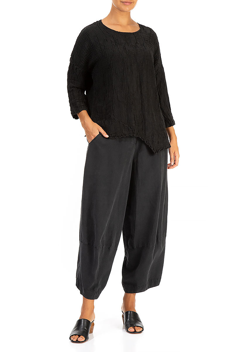 Asymmetric Crinkled Black Silk Blouse 4