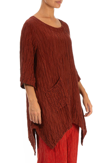 Asymmetric Crinkled Brick Silk Linen Tunic