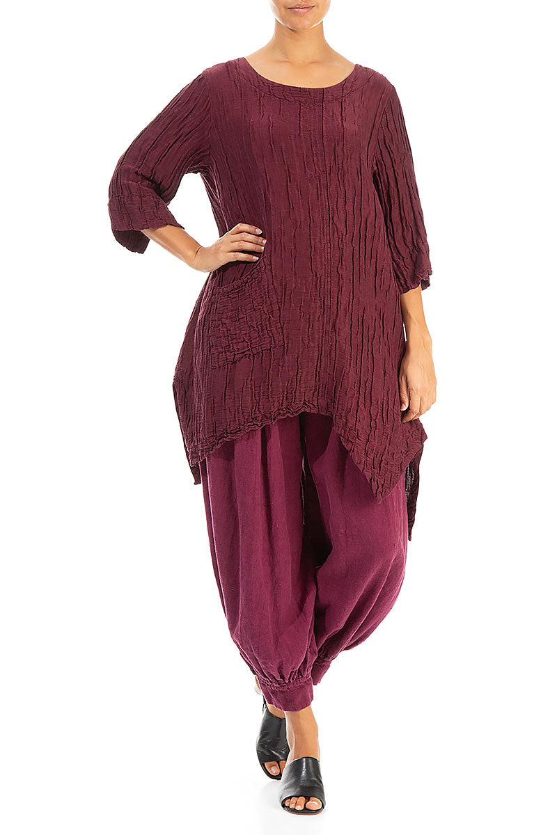 Asymmetric Crinkled Burgundy Silk Linen Tunic 4
