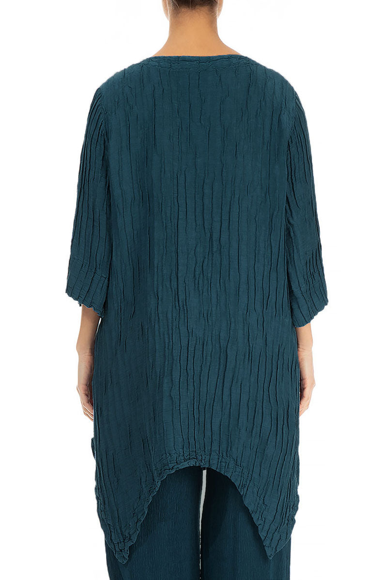 Asymmetric Crinkled Dark Teal Silk Linen Tunic 2