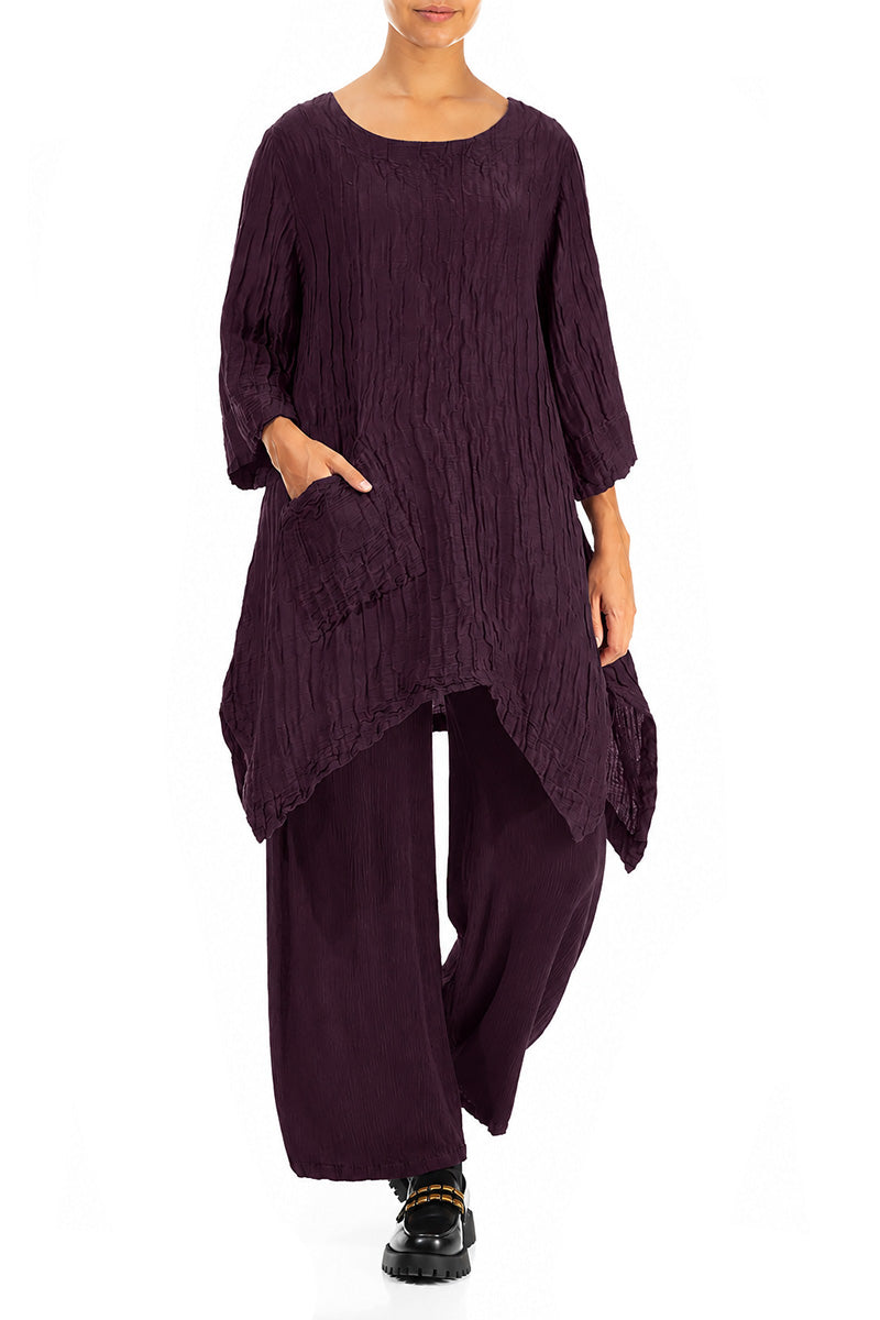 Asymmetric Crinkled Deep Plum Silk Linen Tunic