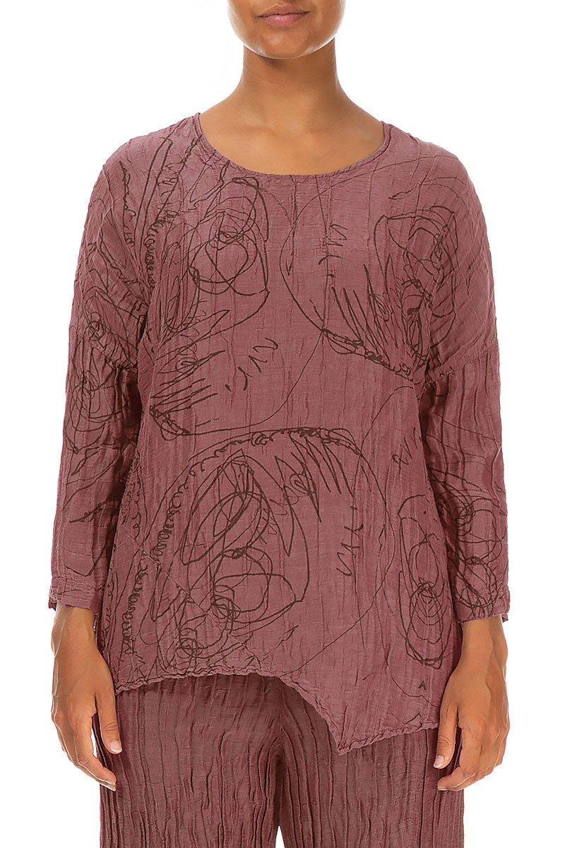 Asymmetric Crinkled Dusty Rose Abstract Draw Silk Blouse