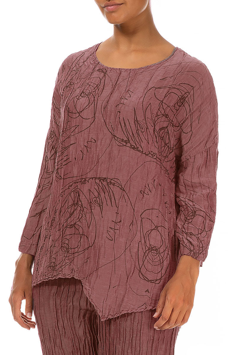 Asymmetric Crinkled Dusty Rose Abstract Draw Silk Blouse