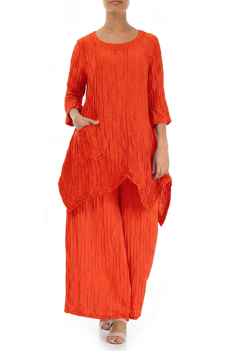 Asymmetric Crinkled Flame Orange Silk Linen Tunic 4