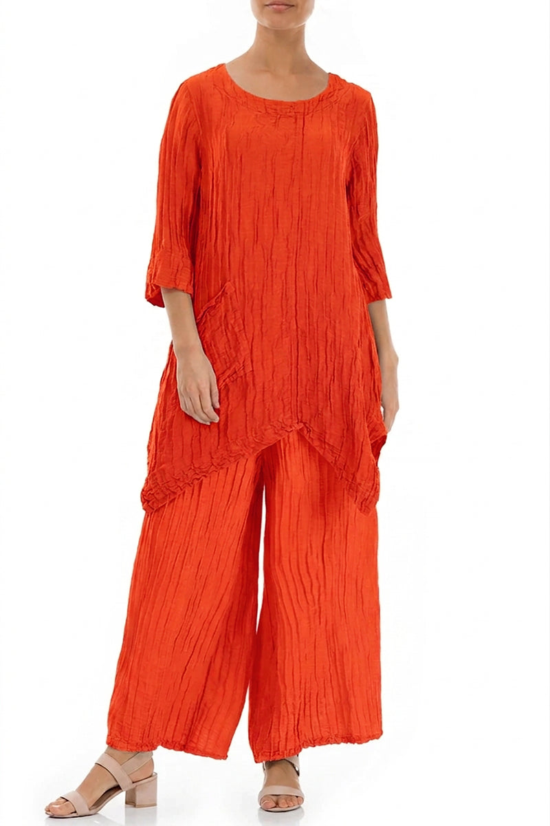 Asymmetric Crinkled Flame Orange Silk Linen Tunic 5