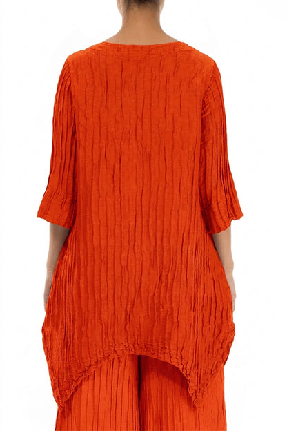 Asymmetric Crinkled Flame Orange Silk Linen Tunic 2