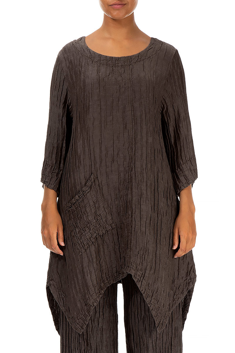 Asymmetric Crinkled Forest Brown Silk Linen Tunic 1