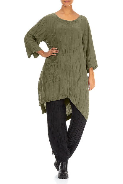 Asymmetric Crinkled Forest Mist Silk Linen Tunic 4