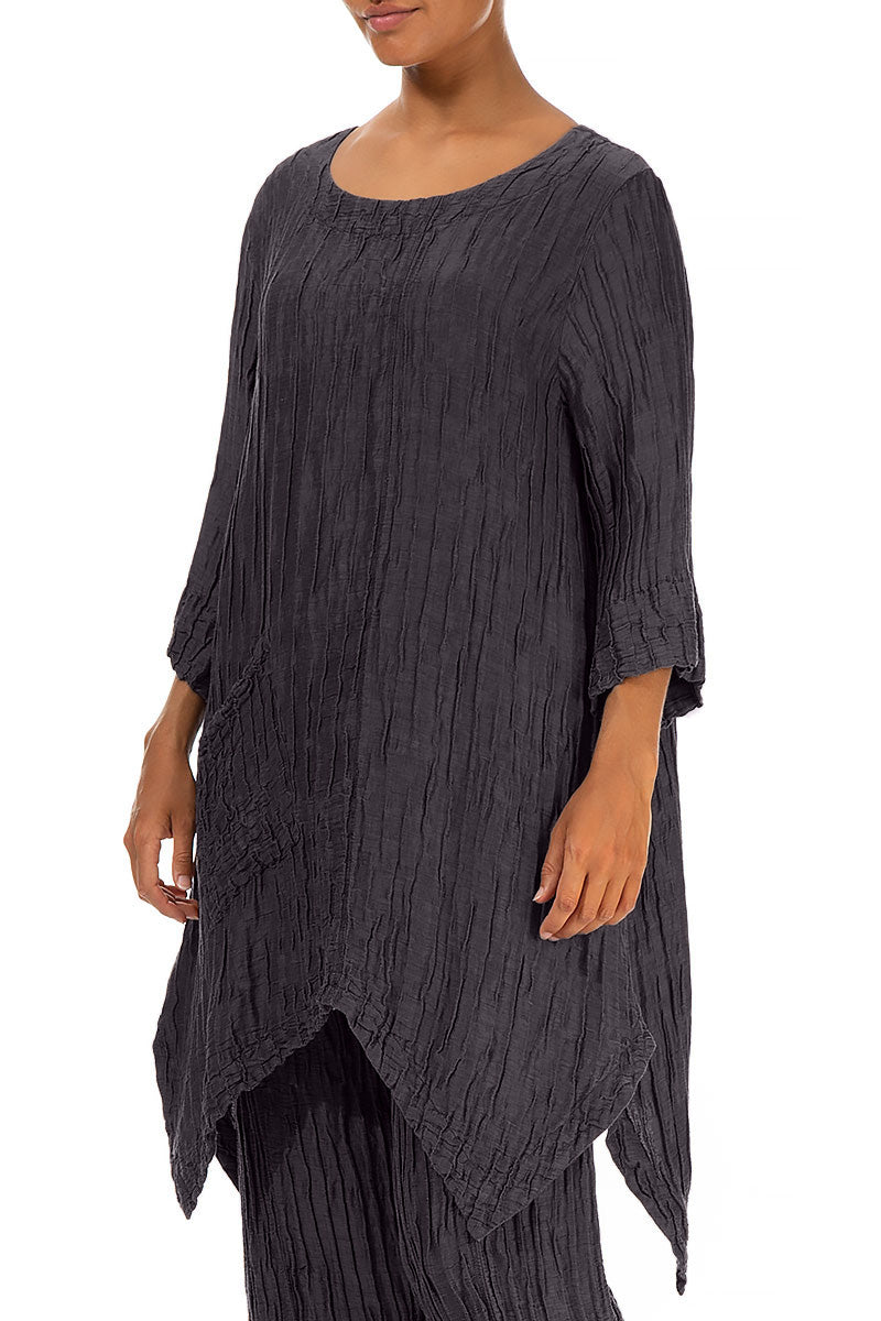 Asymmetric Crinkled Graphite Blue Silk Linen Tunic 3
