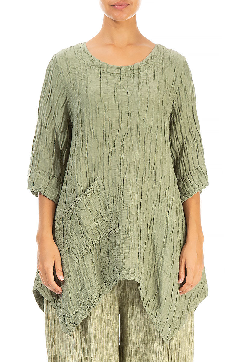 Asymmetric Crinkled Khaki Silk Linen Tunic 1