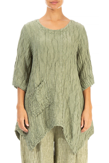 Asymmetric Crinkled Khaki Silk Linen Tunic 1