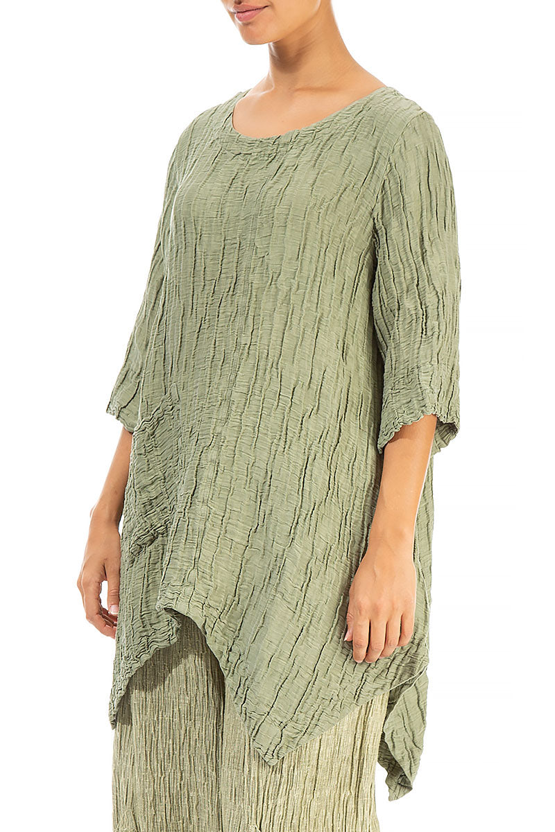 Asymmetric Crinkled Khaki Silk Linen Tunic 3