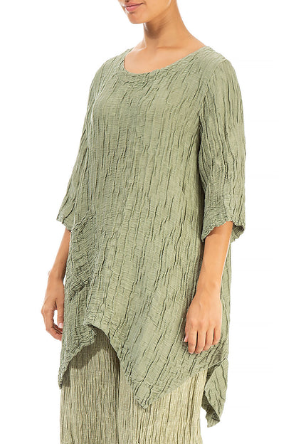 Asymmetric Crinkled Khaki Silk Linen Tunic 3