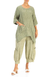 Asymmetric Crinkled Khaki Silk Linen Tunic 4