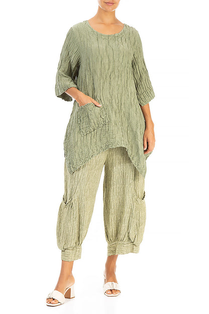 Asymmetric Crinkled Khaki Silk Linen Tunic 4