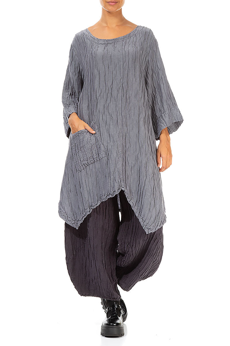 Asymmetric Crinkled Grey Silk Linen Tunic