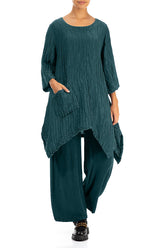Asymmetric Crinkled Peacock Silk Linen Tunic 4
