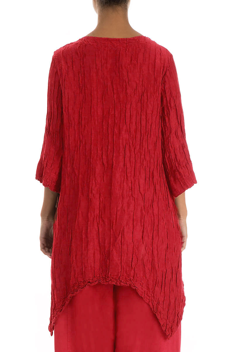 Asymmetric Crinkled Cherry Red Silk Linen Tunic 2